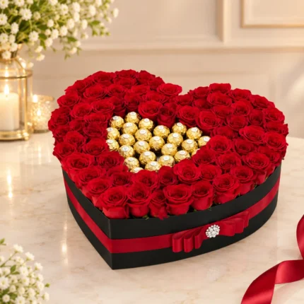 24 Red Roses with 16 Ferrero Rocher in Heart-Shaped Gift Box