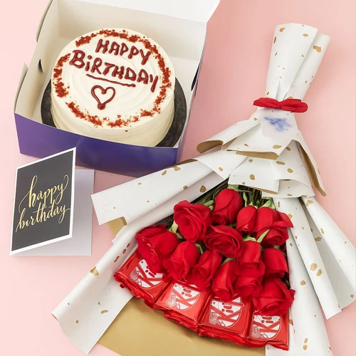 Birthday Rose Bliss with red velvet cake, red roses and KitKat bouquet