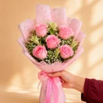 Blush Charm Bouquet with Five Pink Roses and Baby's Breath