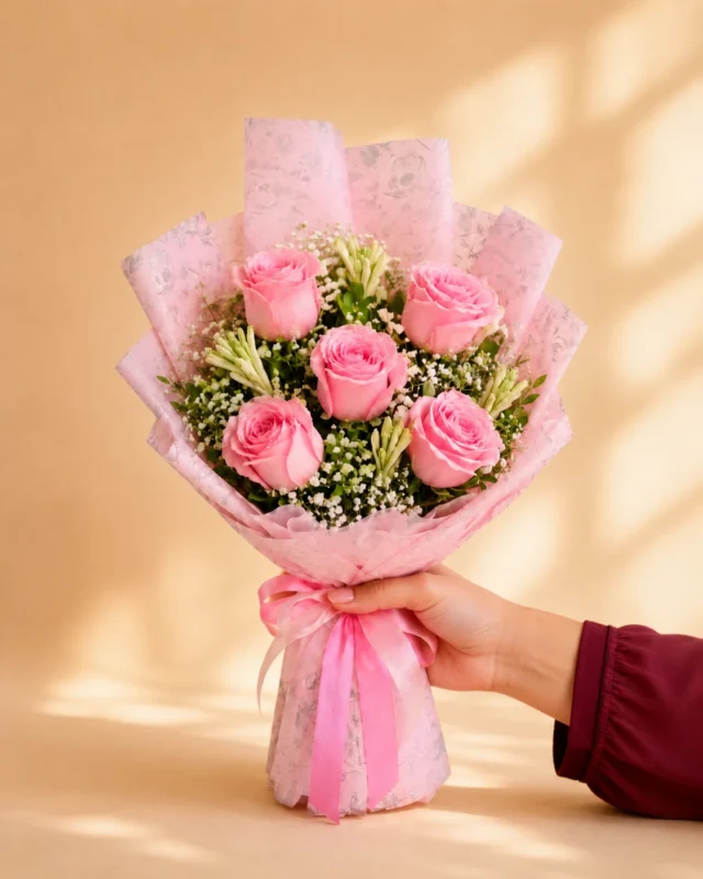 Blush Charm Bouquet with Five Pink Roses and Baby's Breath