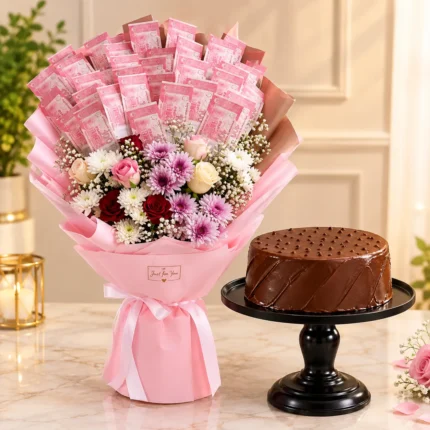 Cash & Bloom Gift with 10,000 cash, mixed roses and Nutella cake