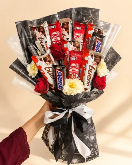 Choco Bloom chocolate bouquet with Kinder Bueno, KitKat, Snickers and flowers