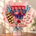 Chocolate rose bouquet with Ferrero Rocher, Raffaello, Bounty and red and pink roses