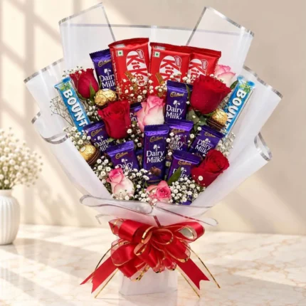 Chocolate rose bouquet with Dairy Milk, Ferrero Rocher, Bounty and KitKat