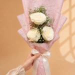 White Rose Bouquet with Baby's Breath and Blush Pink Wrapping