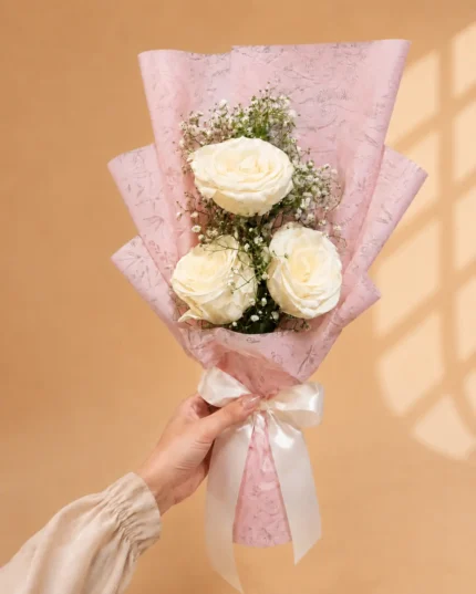 White Rose Bouquet with Baby's Breath and Blush Pink Wrapping