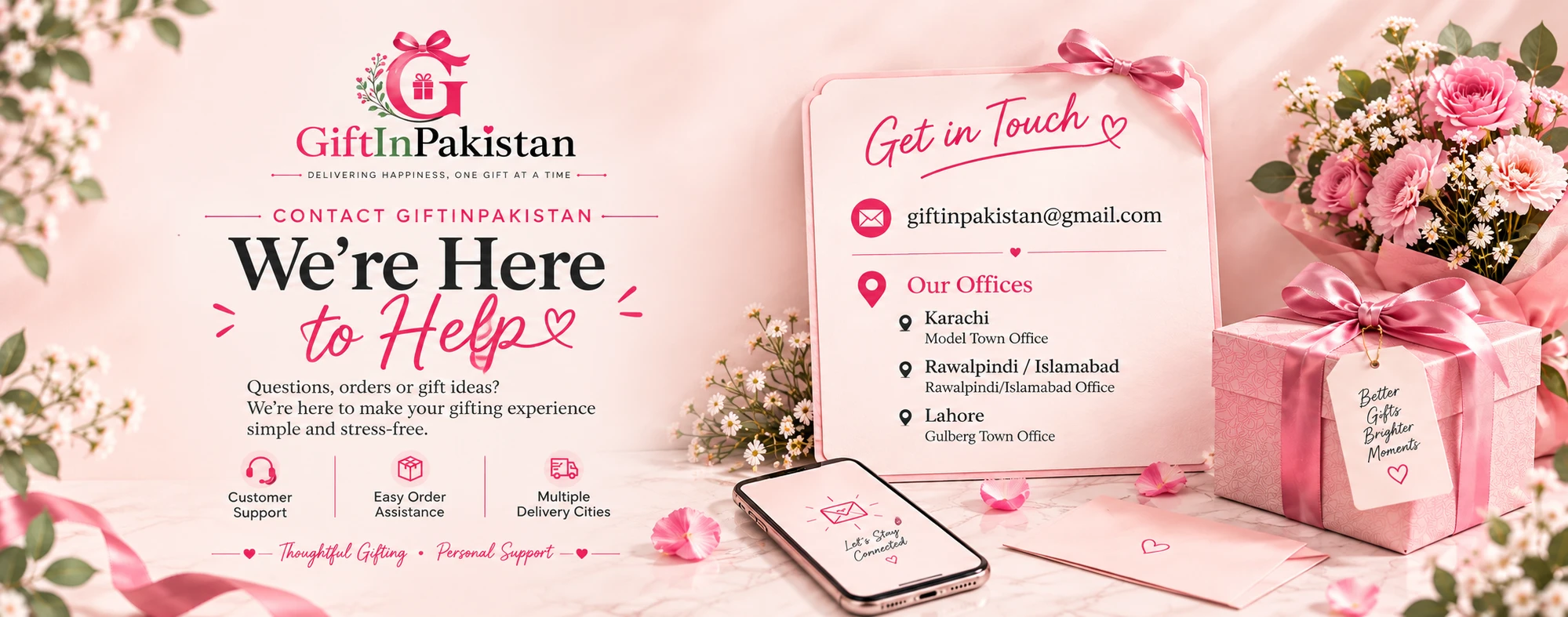 Contact GiftInPakistan banner with customer support, email and office locations in Pakistan