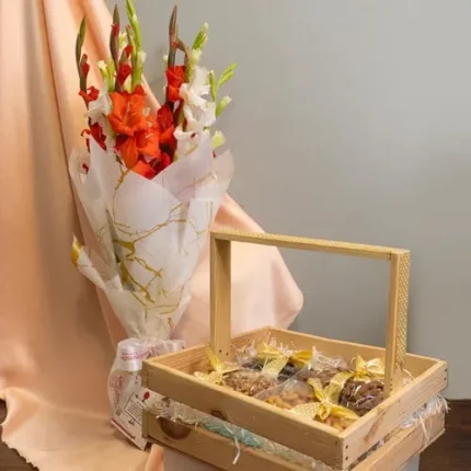 Golden Gratitude dry fruit and gladiolus gift for parents