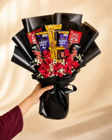 Midnight Indulgence bouquet with KitKat Mars Dairy Milk roses and Gypsophila