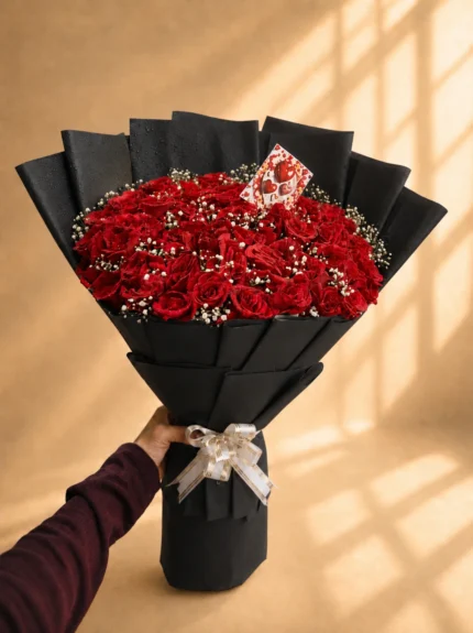 Midnight Romance Bouquet with Red Roses and Black Wrapping