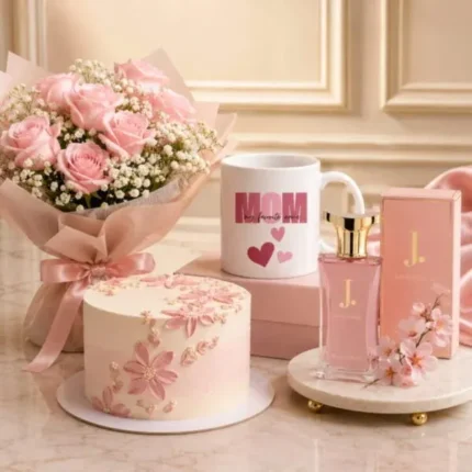 Mother's Day Gift Set with Pink Roses Cake J. Perfume Mug and Card