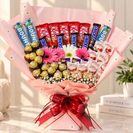 Pink chocolate daisy bouquet with Ferrero Rocher, Raffaello, Bounty and KitKat