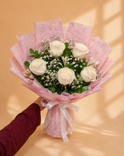 Pure Grace Bouquet with Five White Roses and Baby's Breath