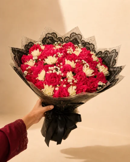 Red Romance Bouquet with Red Roses and White Filler Flowers
