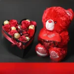 Red roses, Ferrero Rocher chocolates and red teddy bear romantic gift box