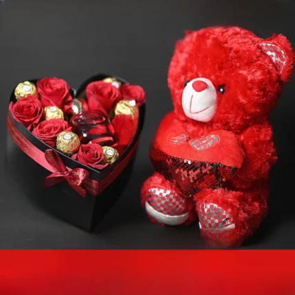 Red roses, Ferrero Rocher chocolates and red teddy bear romantic gift box