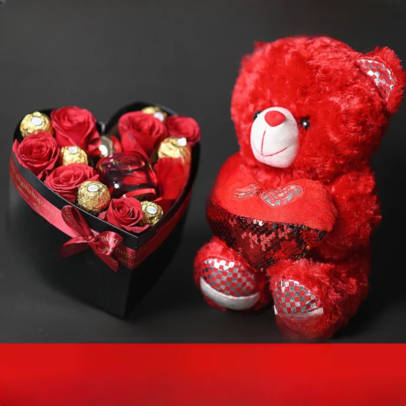 Red roses, Ferrero Rocher chocolates and red teddy bear romantic gift box