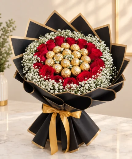 red rose Ferrero gift bouquet with 18 roses and baby's breath
