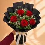 Scarlet Crown Bouquet with Five Red Roses and Baby's Breath