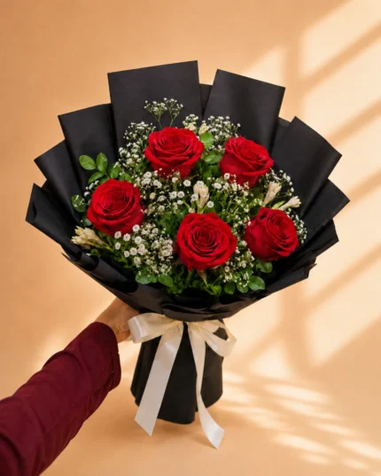 Scarlet Crown Bouquet with Five Red Roses and Baby's Breath