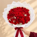100 red roses bouquet with gypsophila in white wrapping
