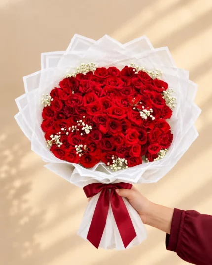 100 red roses bouquet with gypsophila in white wrapping