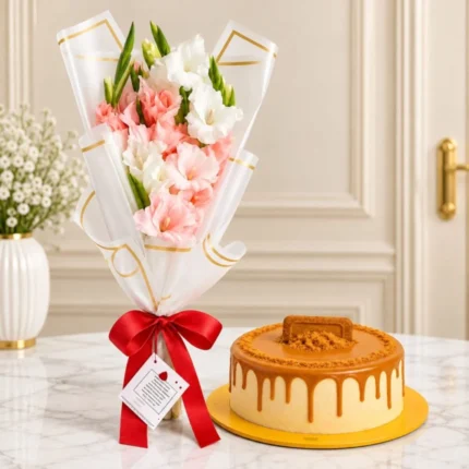 Sweet Bloom Gift Set with Lotus Cake and Mixed Gladiolus Flowers