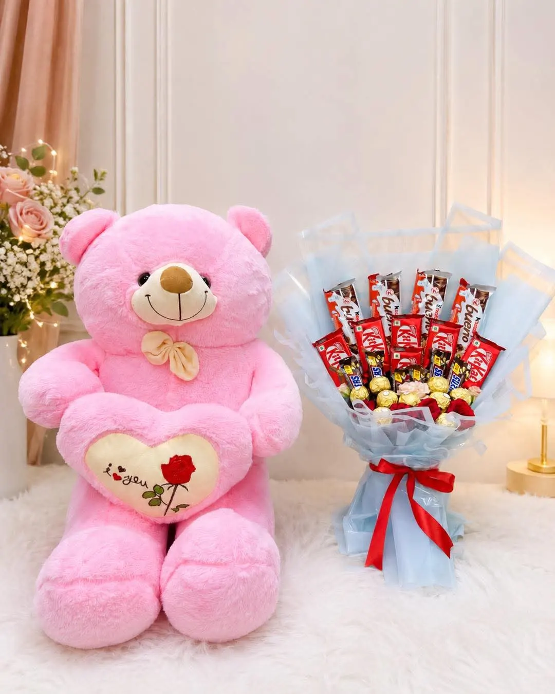 Sweet Giant Surprise – Teddy Bear and Chocolate Gift 6 ft teddy bear with red roses and chocolate bouquet