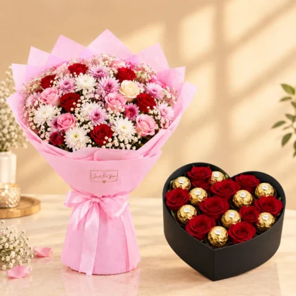 Valentine Rose Gift with mixed roses and Ferrero Rocher heart box