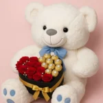 White Rose Teddy with red roses and Ferrero Rocher gift box